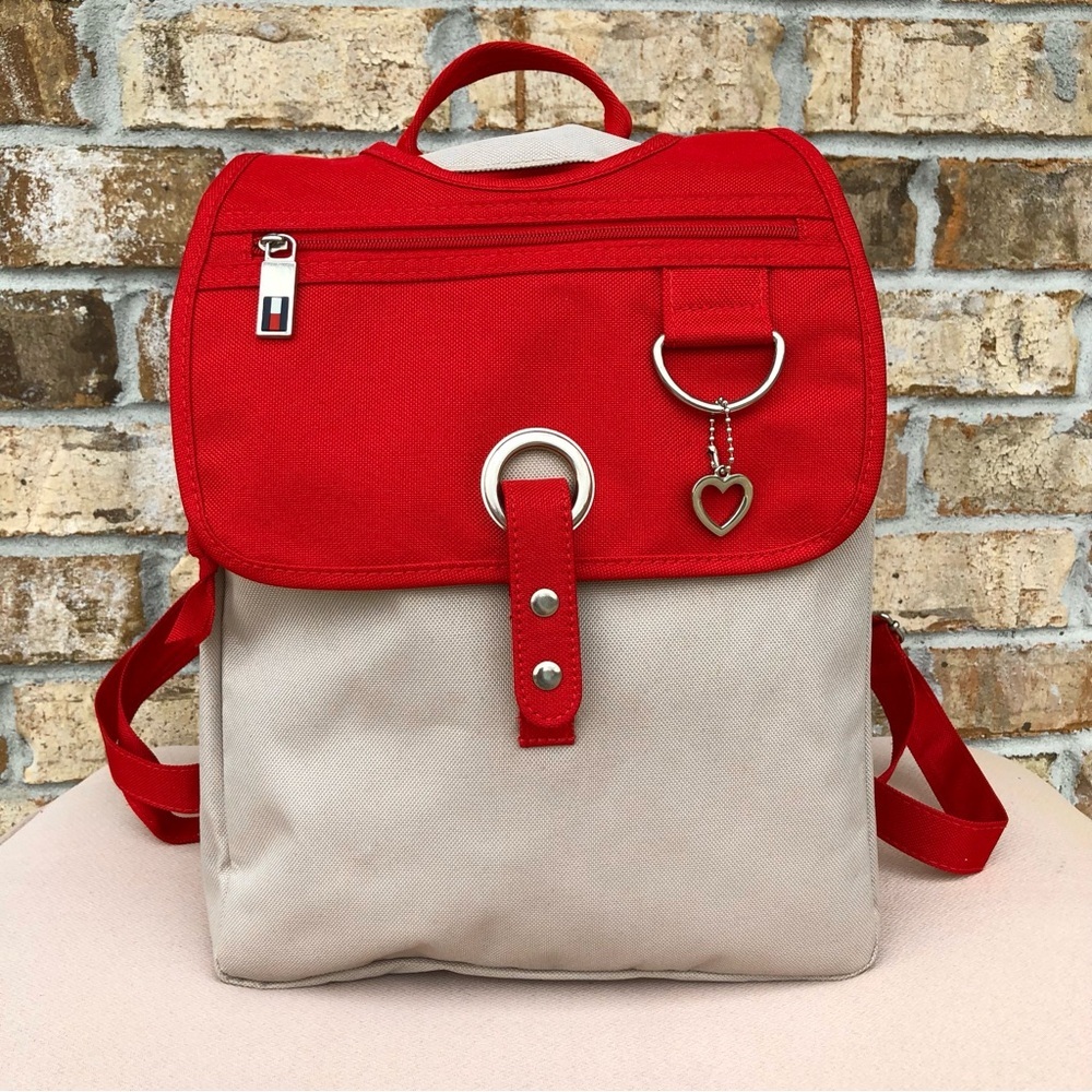 Tommy Hilfiger Red Tan Medium Size Snap/ Zipper Closure Women’s Backpack - Picture 2 of 16